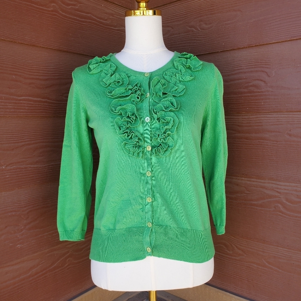 Tracy M Women's Green Ruffle Trim Button Up Cardigan Sweater Size Small